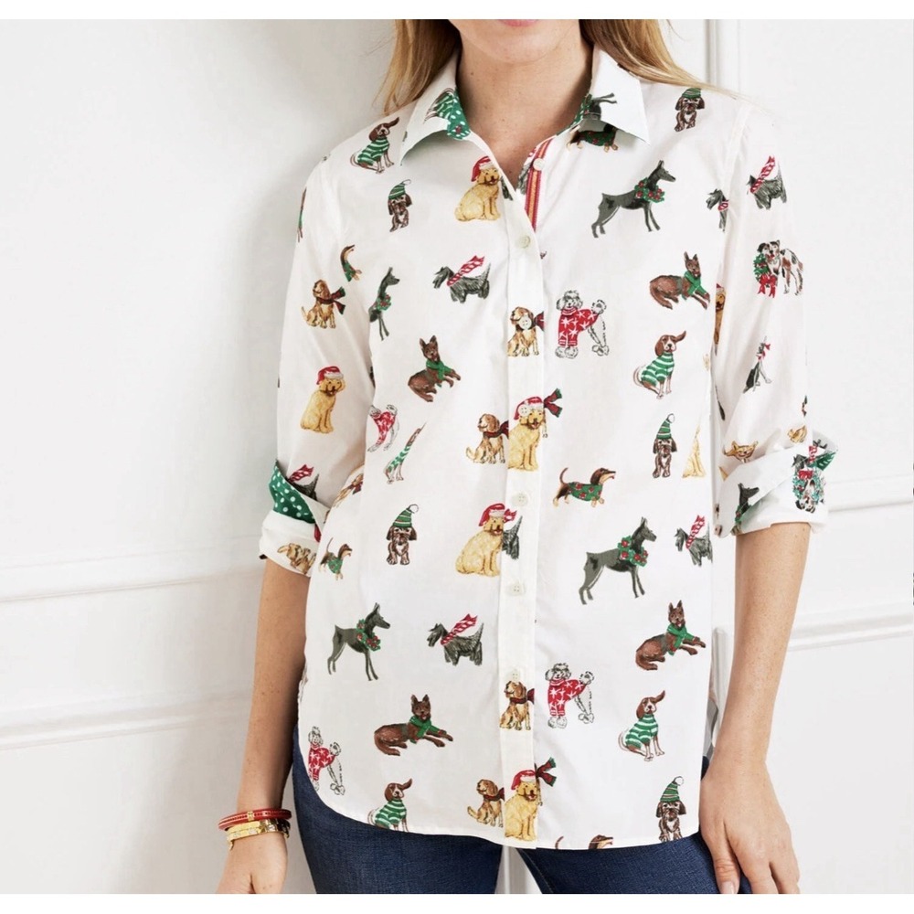 Talbots Christmas Dog Button Shirt XS Holiday Festive Novelty Allover‎ Print NWT